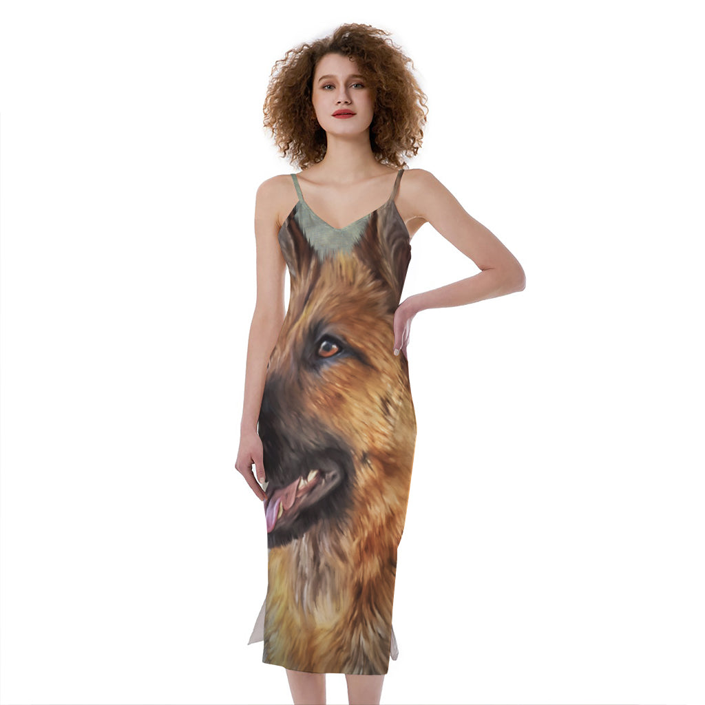 Vintage German Shepherd Portrait Print Slim Fit Midi Cami Dress