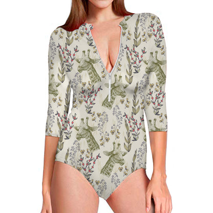 Vintage Giraffe Print Long Sleeve Swimsuit