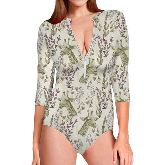 Vintage Giraffe Print Long Sleeve Swimsuit