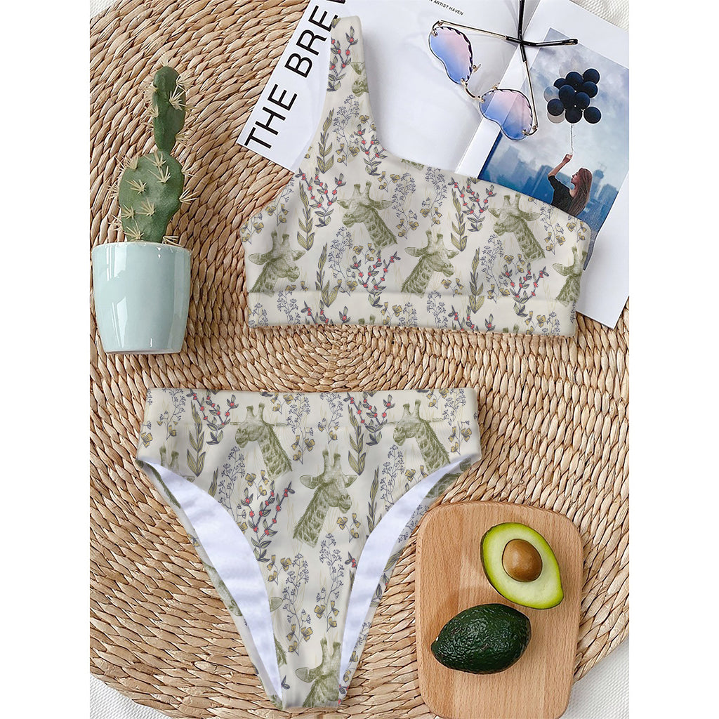 Vintage Giraffe Print One Shoulder Bikini Top