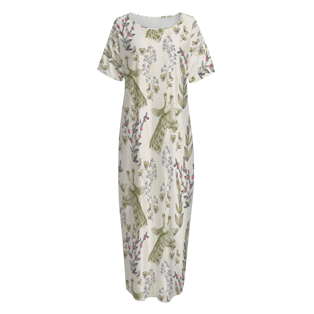 Vintage Giraffe Print Short Sleeve Long Nightdress