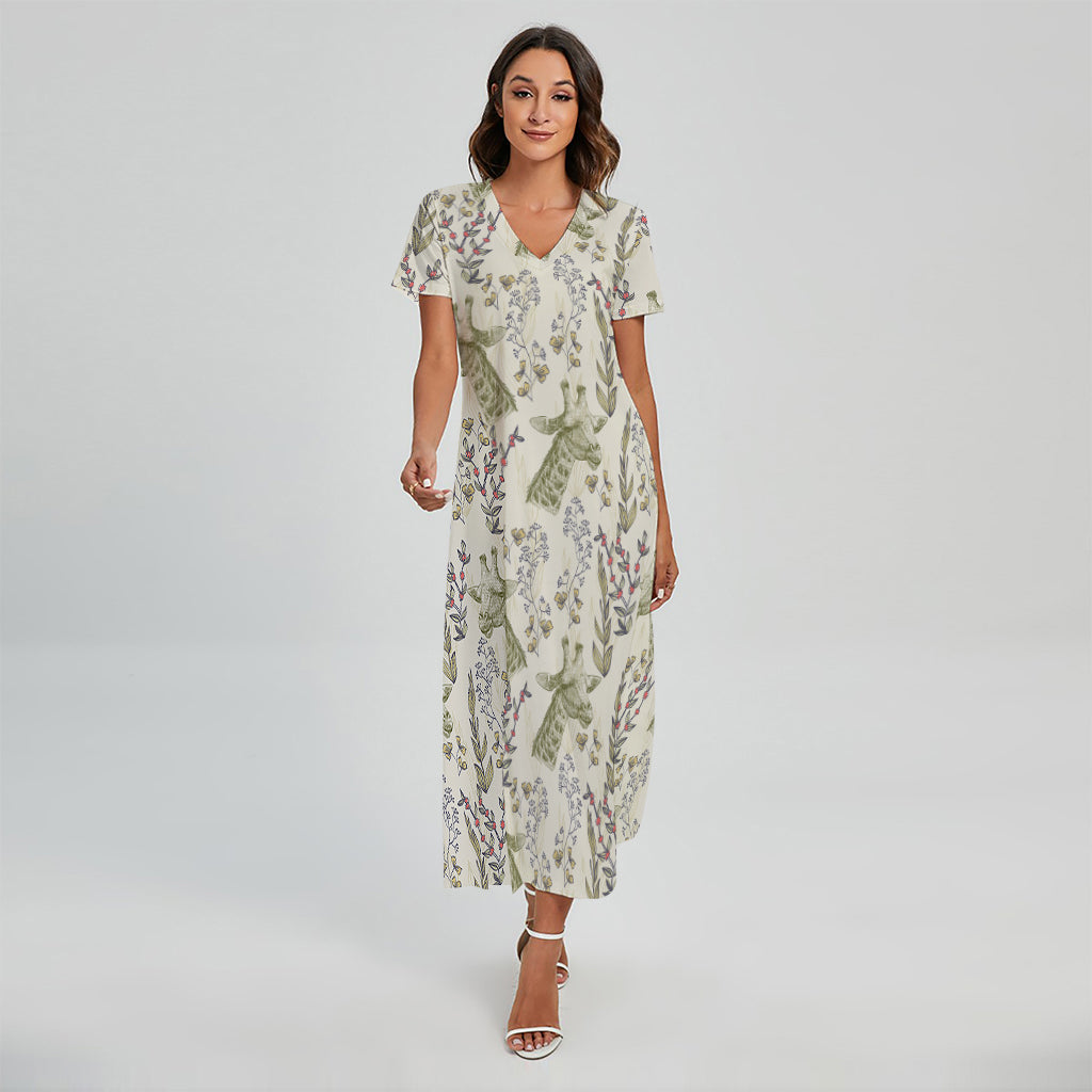Vintage Giraffe Print Short Sleeve Maxi Dress