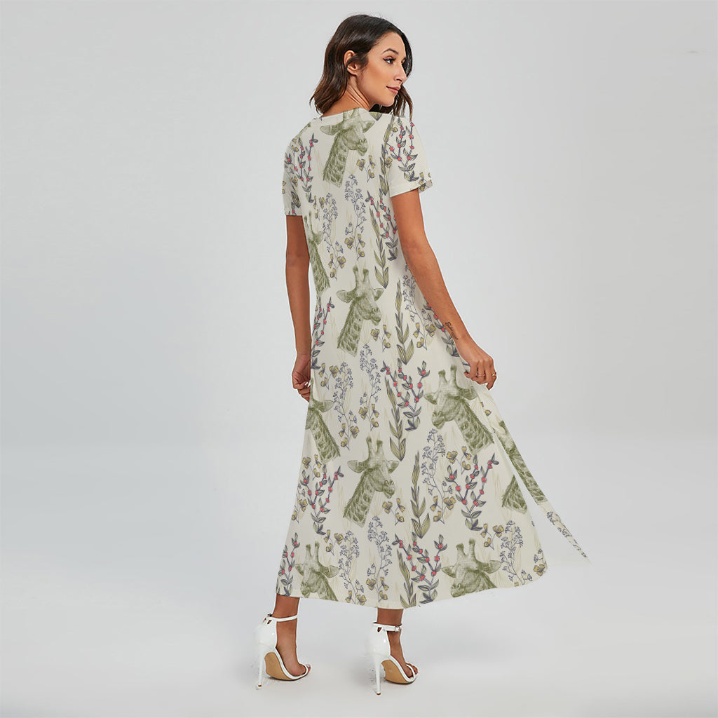 Vintage Giraffe Print Short Sleeve Maxi Dress