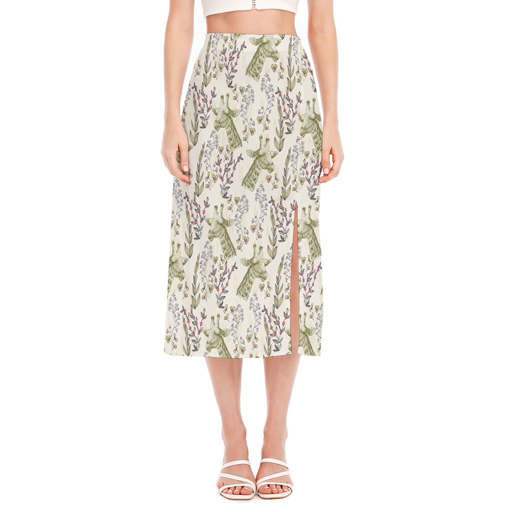 Vintage Giraffe Print Side Slit Midi Skirt