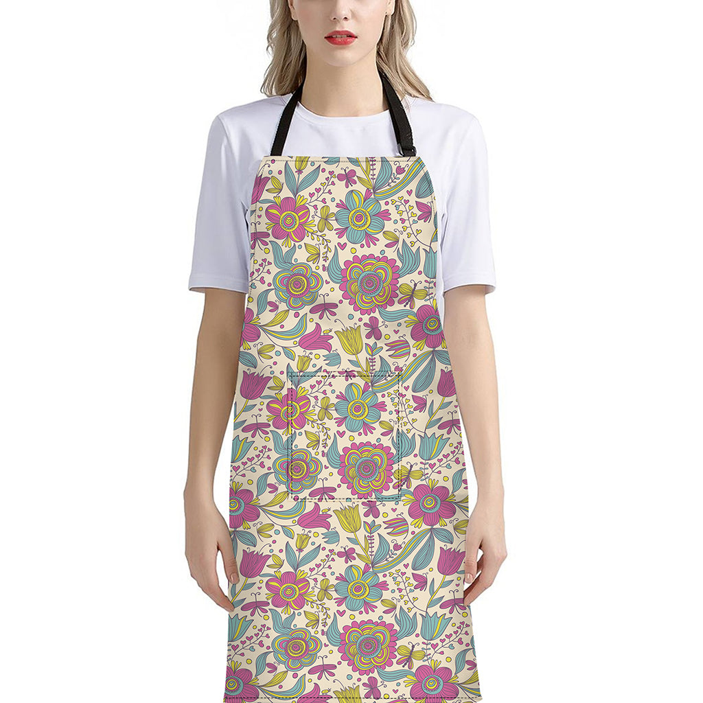 Vintage Girly Floral Print Bib Apron With Pocket