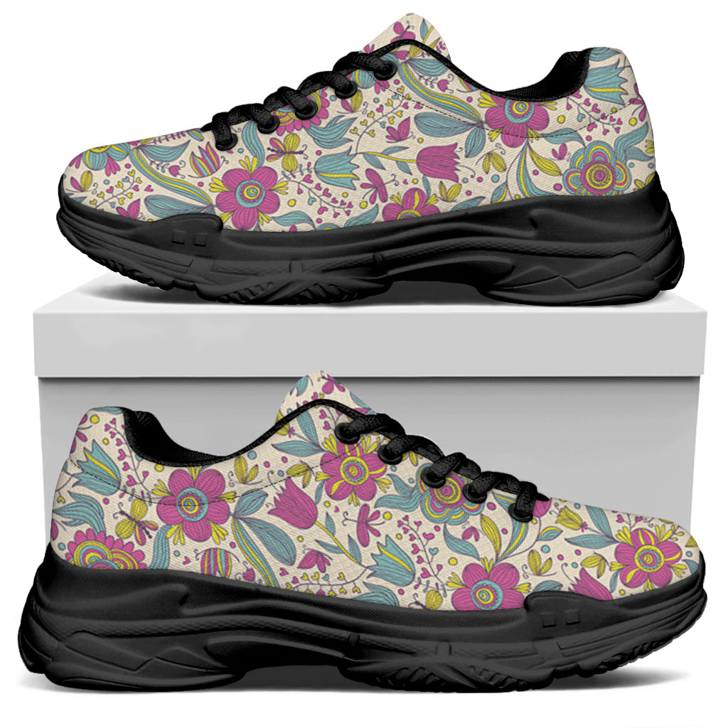 Vintage Girly Floral Print Black Chunky Shoes