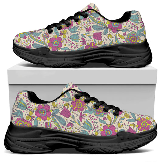 Vintage Girly Floral Print Black Chunky Shoes