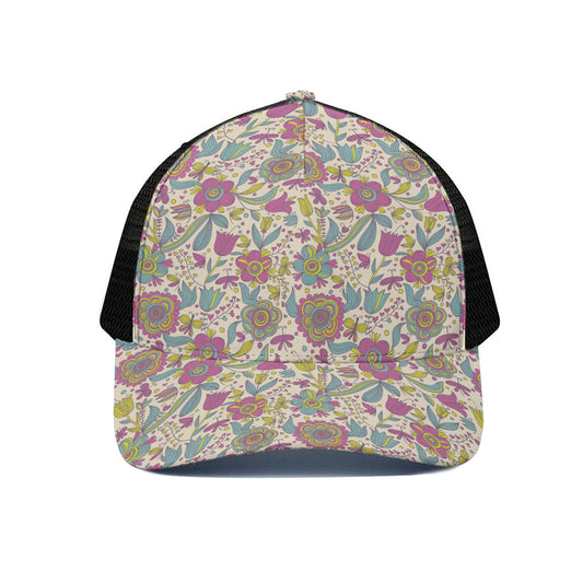 Vintage Girly Floral Print Black Mesh Trucker Cap