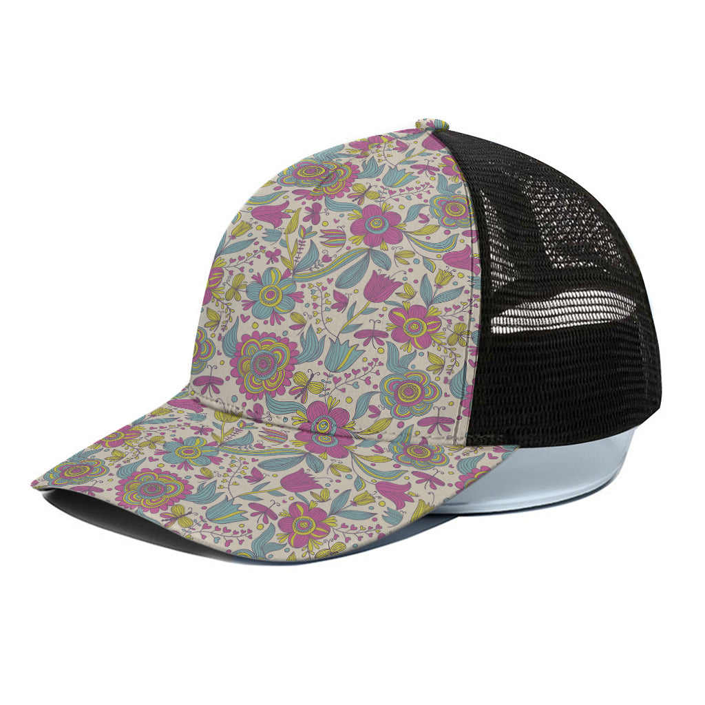 Vintage Girly Floral Print Black Mesh Trucker Cap
