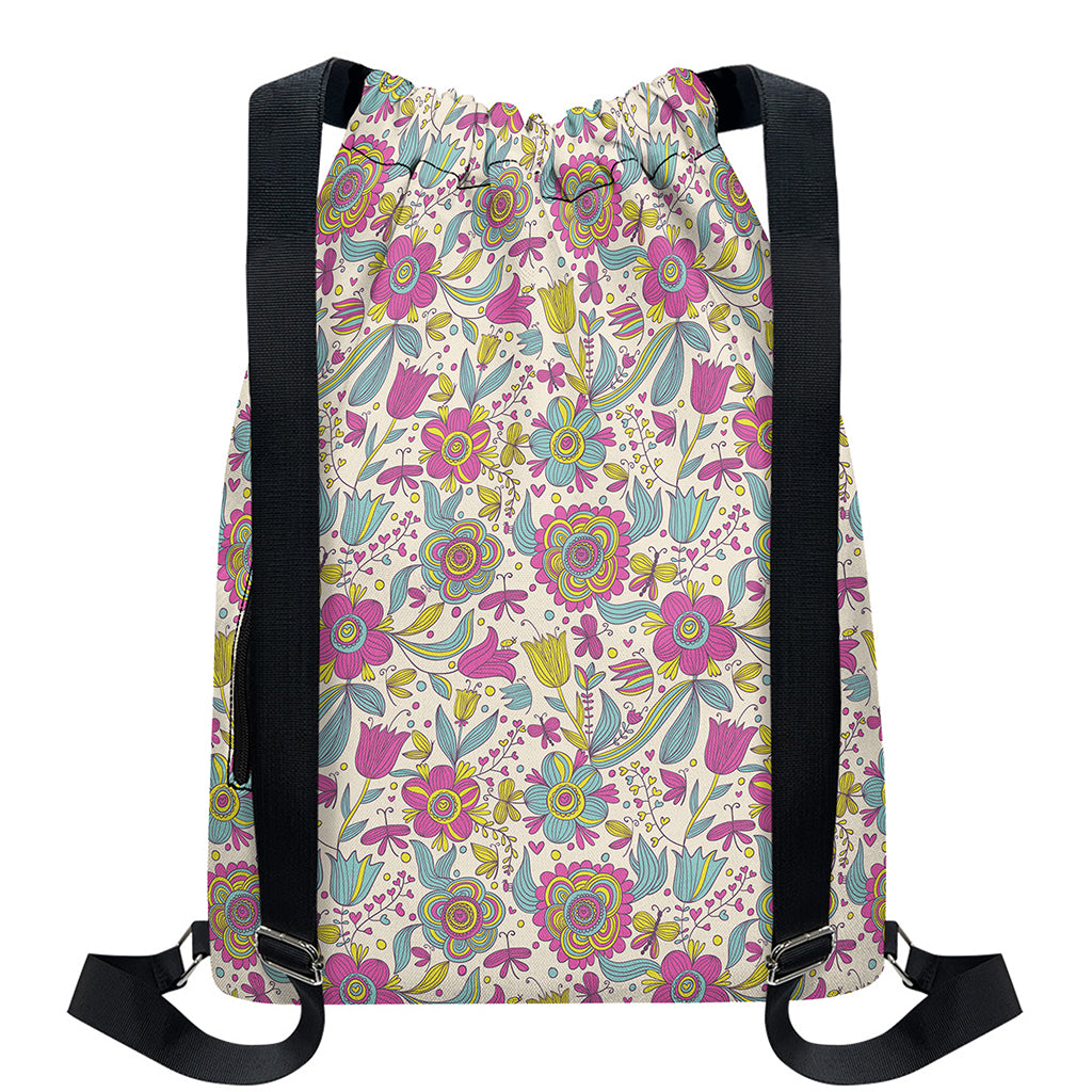 Vintage Girly Floral Print Drawstring Backpack