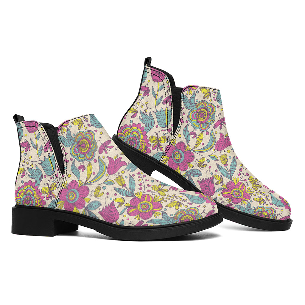 Vintage Girly Floral Print Flat Ankle Boots