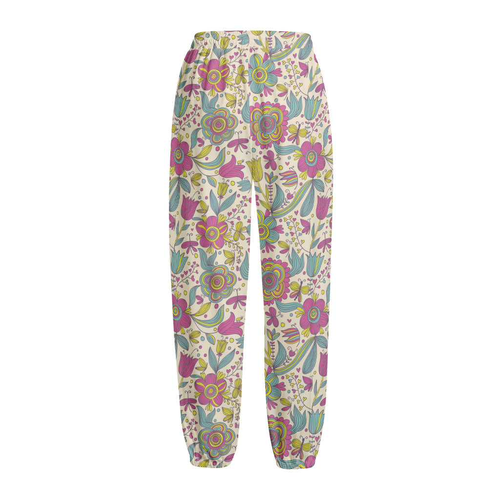 Vintage Girly Floral Print Fleece Lined Knit Pants