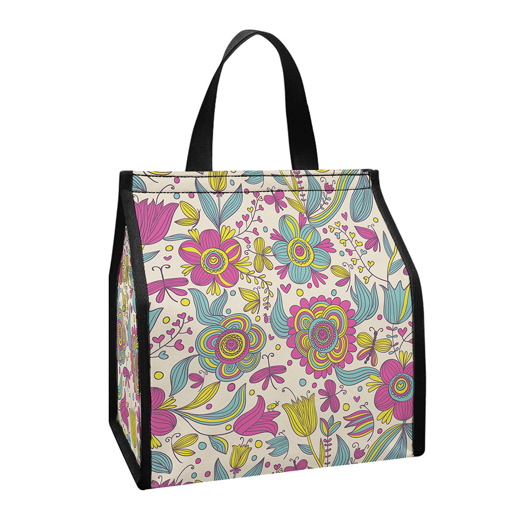 Vintage Girly Floral Print Insulated Lunch Tote