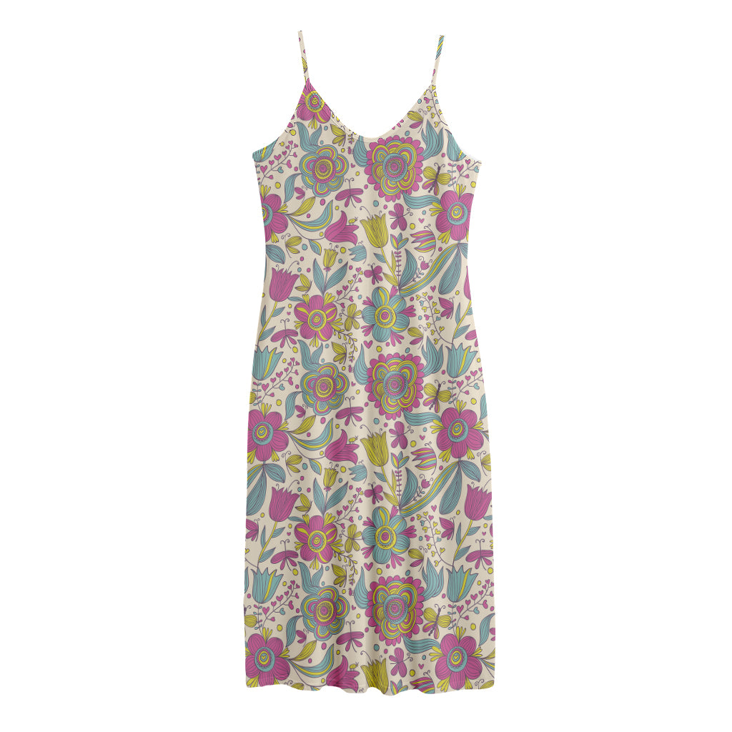 Vintage Girly Floral Print Jersey Midi Cami Dress