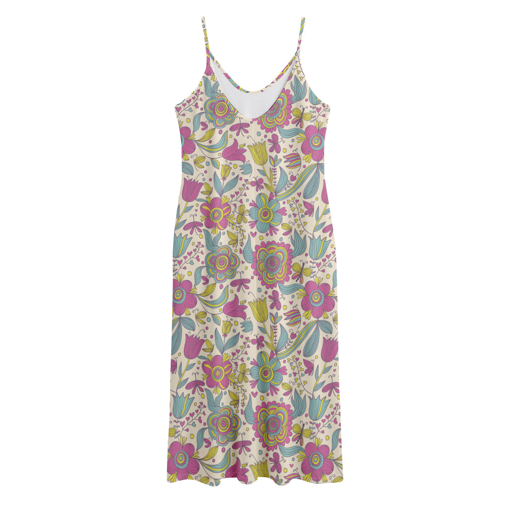 Vintage Girly Floral Print Jersey Midi Cami Dress