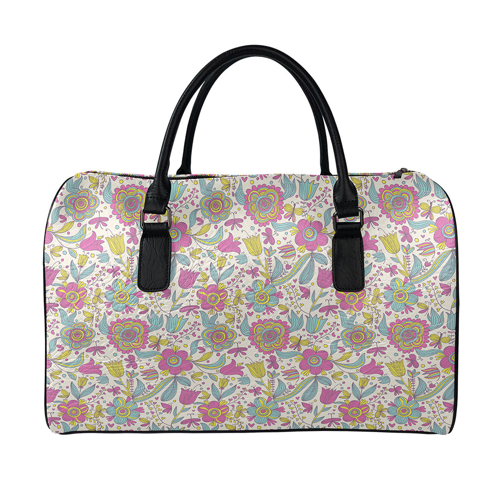 Vintage Girly Floral Print Leather Duffle Bag