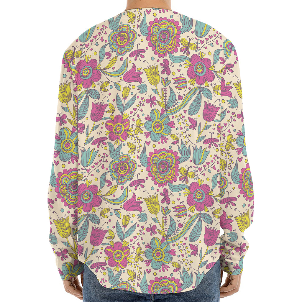 Vintage Girly Floral Print Long Sleeve Baseball Jersey