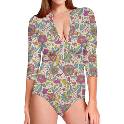 Vintage Girly Floral Print Long Sleeve Swimsuit