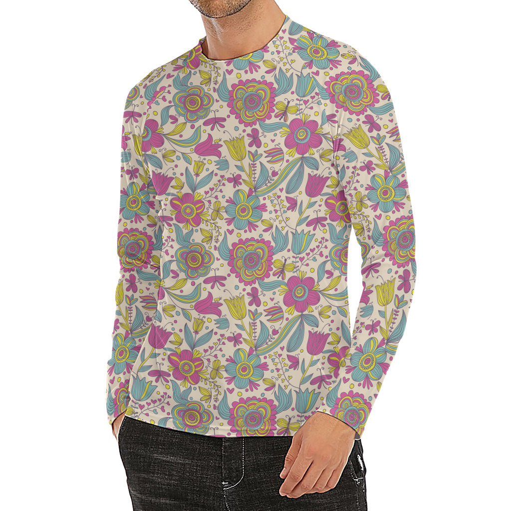 Vintage Girly Floral Print Men's Long Sleeve Rash Guard