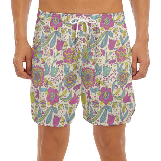 Vintage Girly Floral Print Men's Split Running Shorts