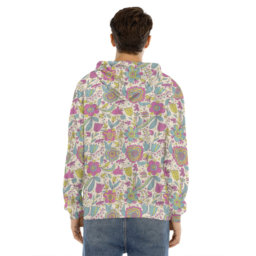 Vintage Girly Floral Print Men's Velvet Pullover Hoodie