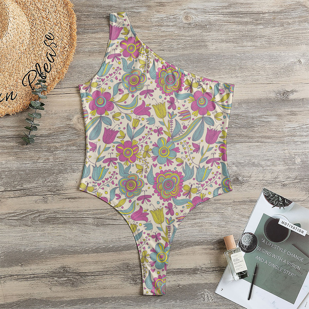 Vintage Girly Floral Print One Shoulder Bodysuit