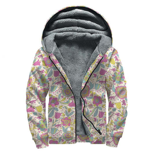 Vintage Girly Floral Print Sherpa Lined Zip Up Hoodie
