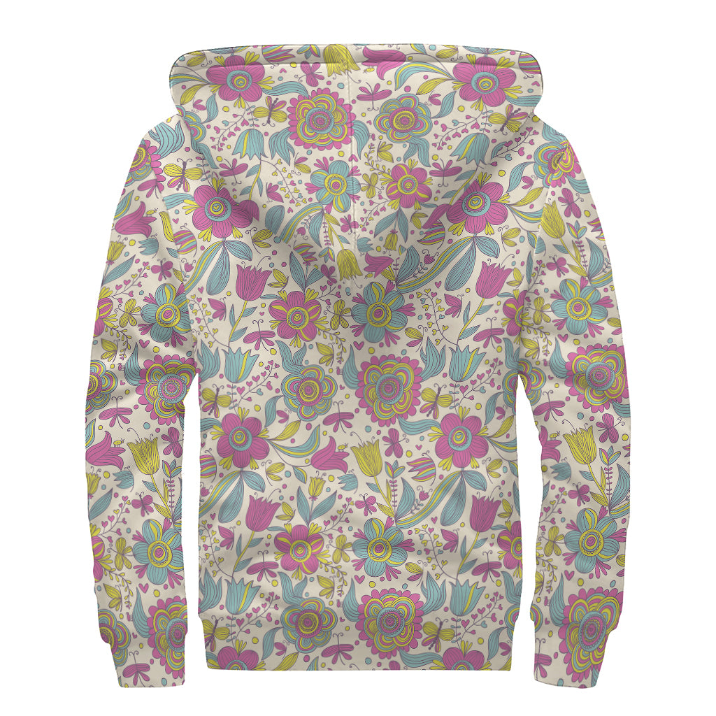 Vintage Girly Floral Print Sherpa Lined Zip Up Hoodie