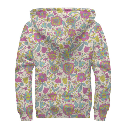 Vintage Girly Floral Print Sherpa Lined Zip Up Hoodie