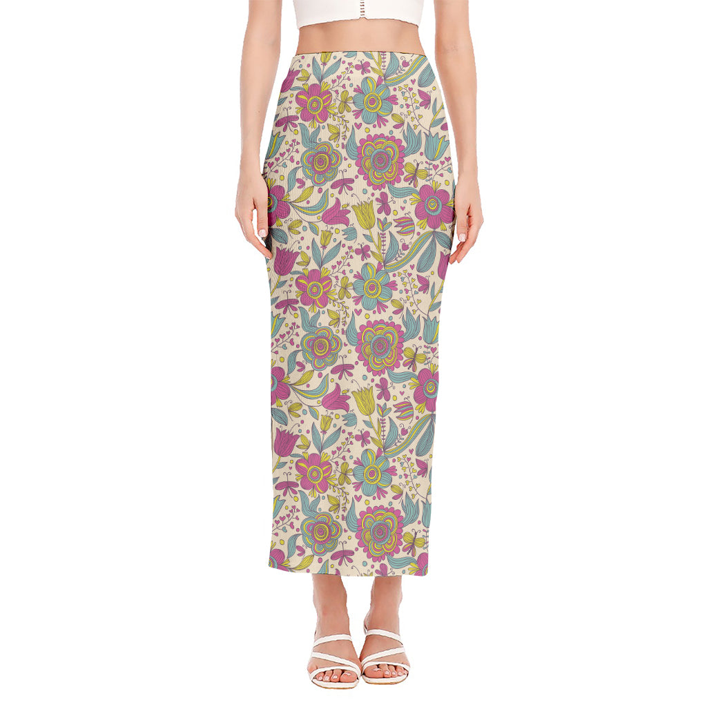 Vintage Girly Floral Print Side Slit Maxi Skirt