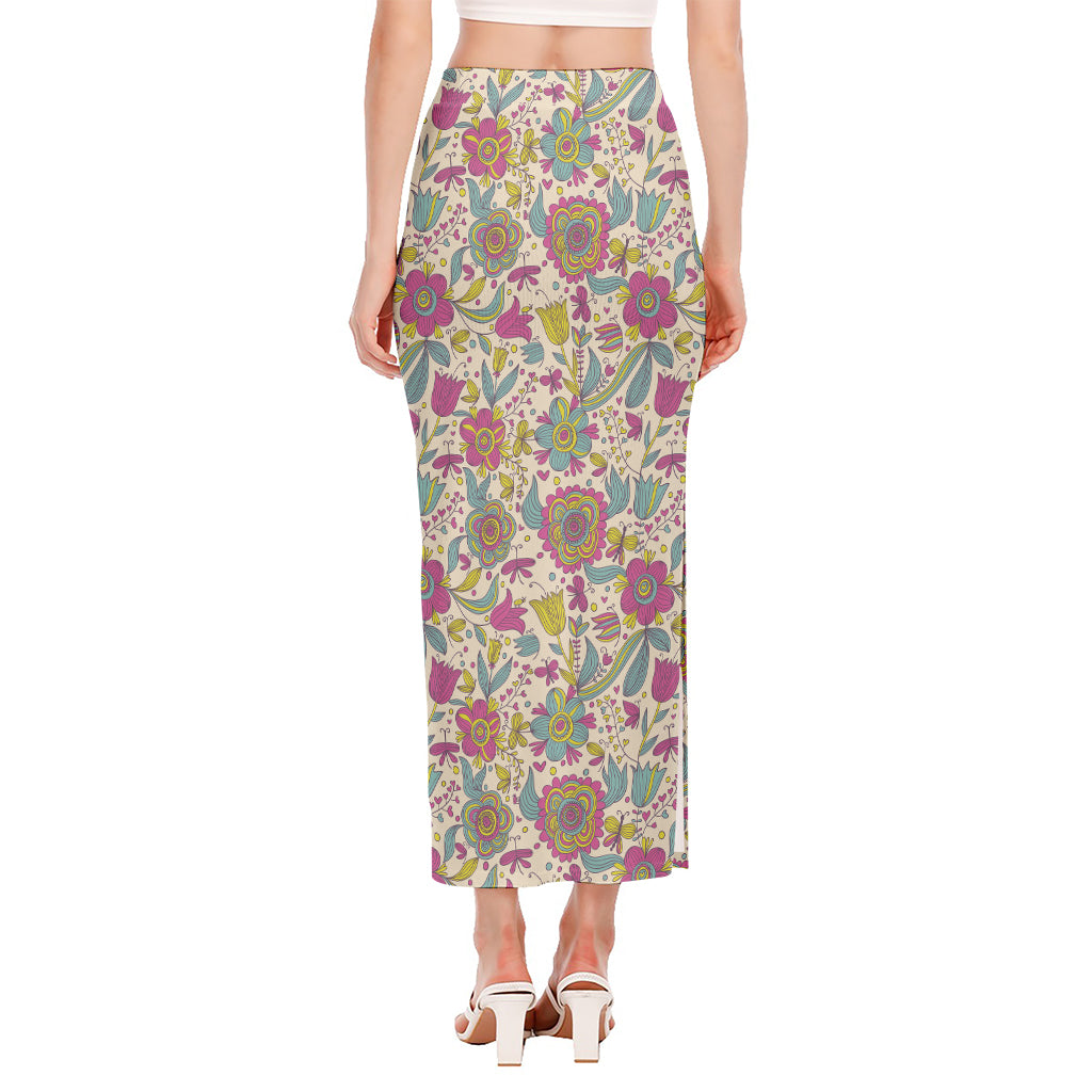 Vintage Girly Floral Print Side Slit Maxi Skirt