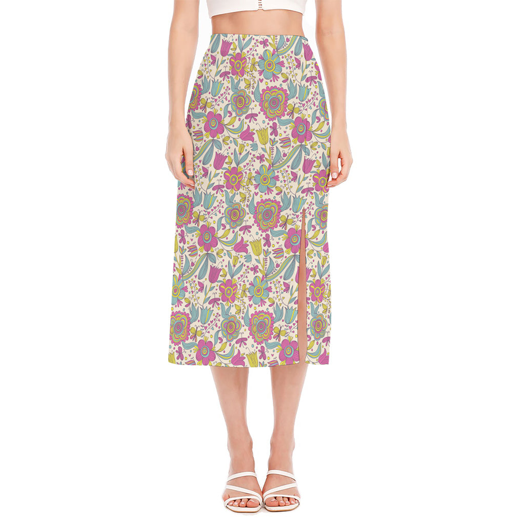 Vintage Girly Floral Print Side Slit Midi Skirt