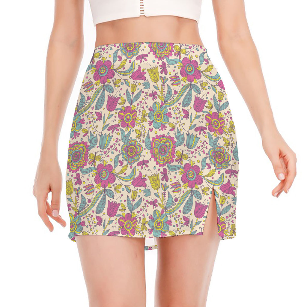 Vintage Girly Floral Print Side Slit Mini Skirt