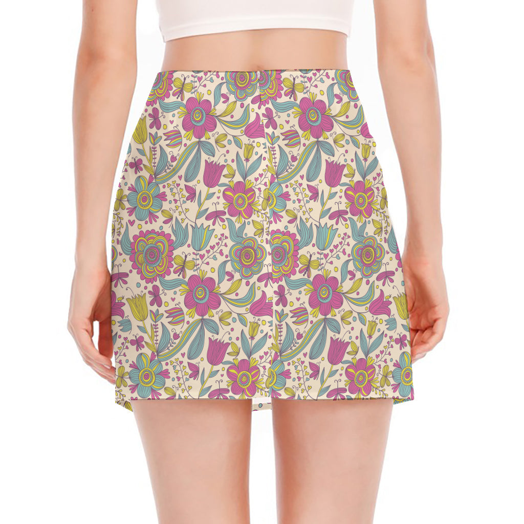 Vintage Girly Floral Print Side Slit Mini Skirt