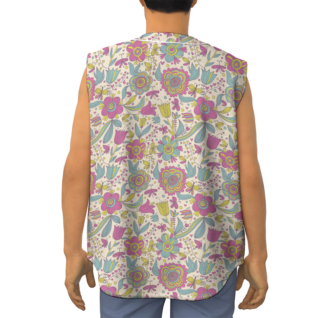 Vintage Girly Floral Print Sleeveless Baseball Jersey