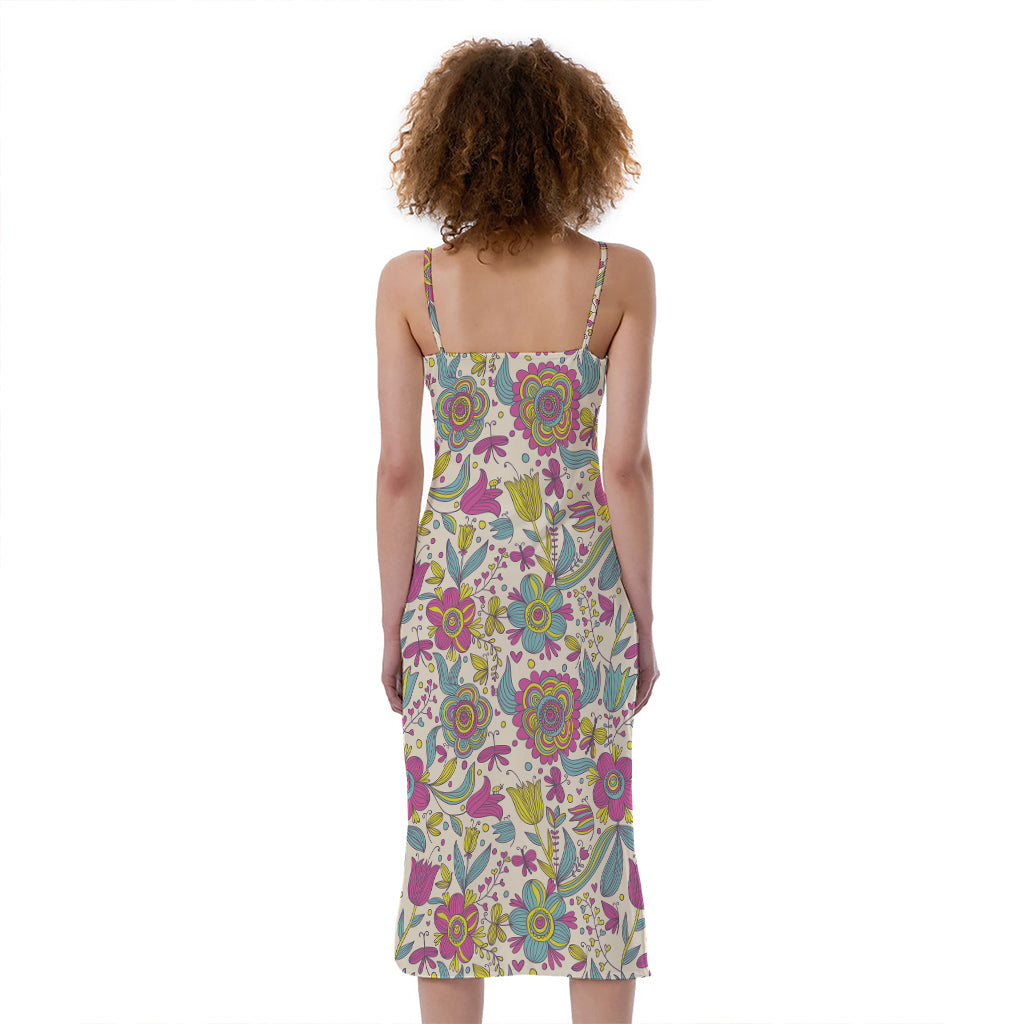 Vintage Girly Floral Print Slim Fit Midi Cami Dress