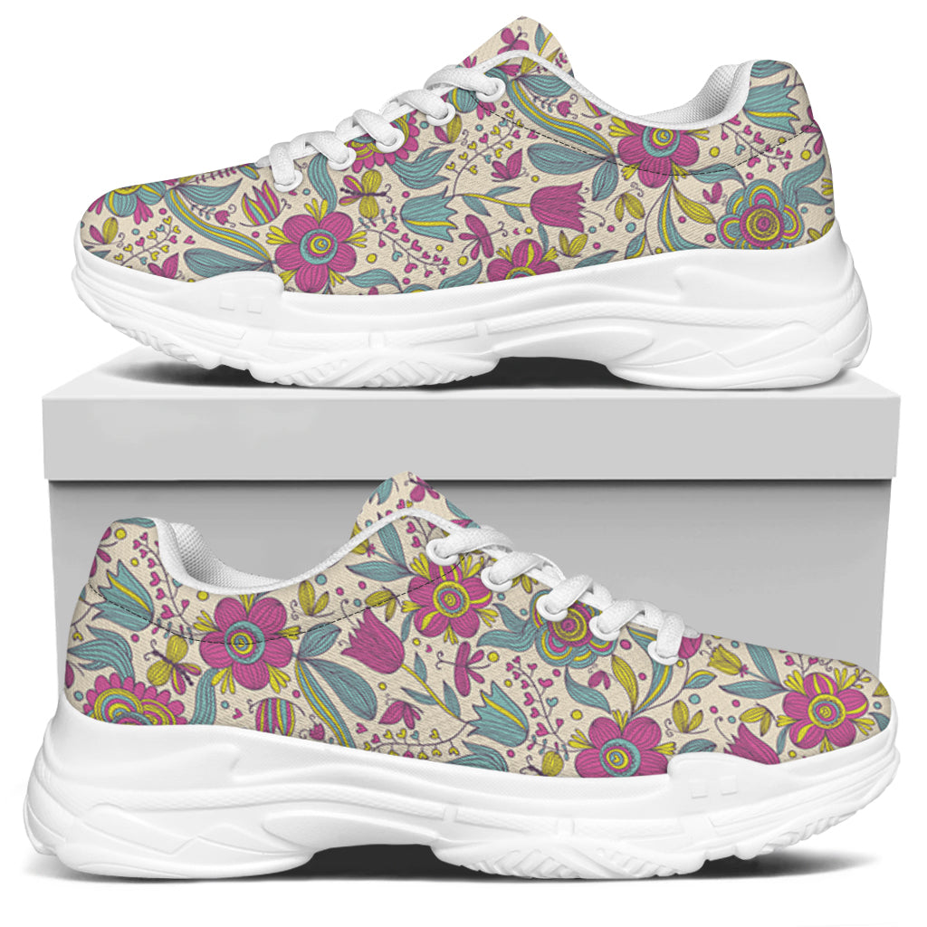 Vintage Girly Floral Print White Chunky Shoes