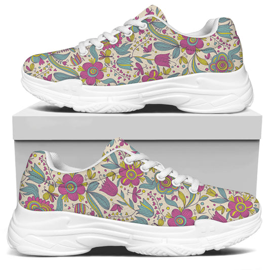 Vintage Girly Floral Print White Chunky Shoes