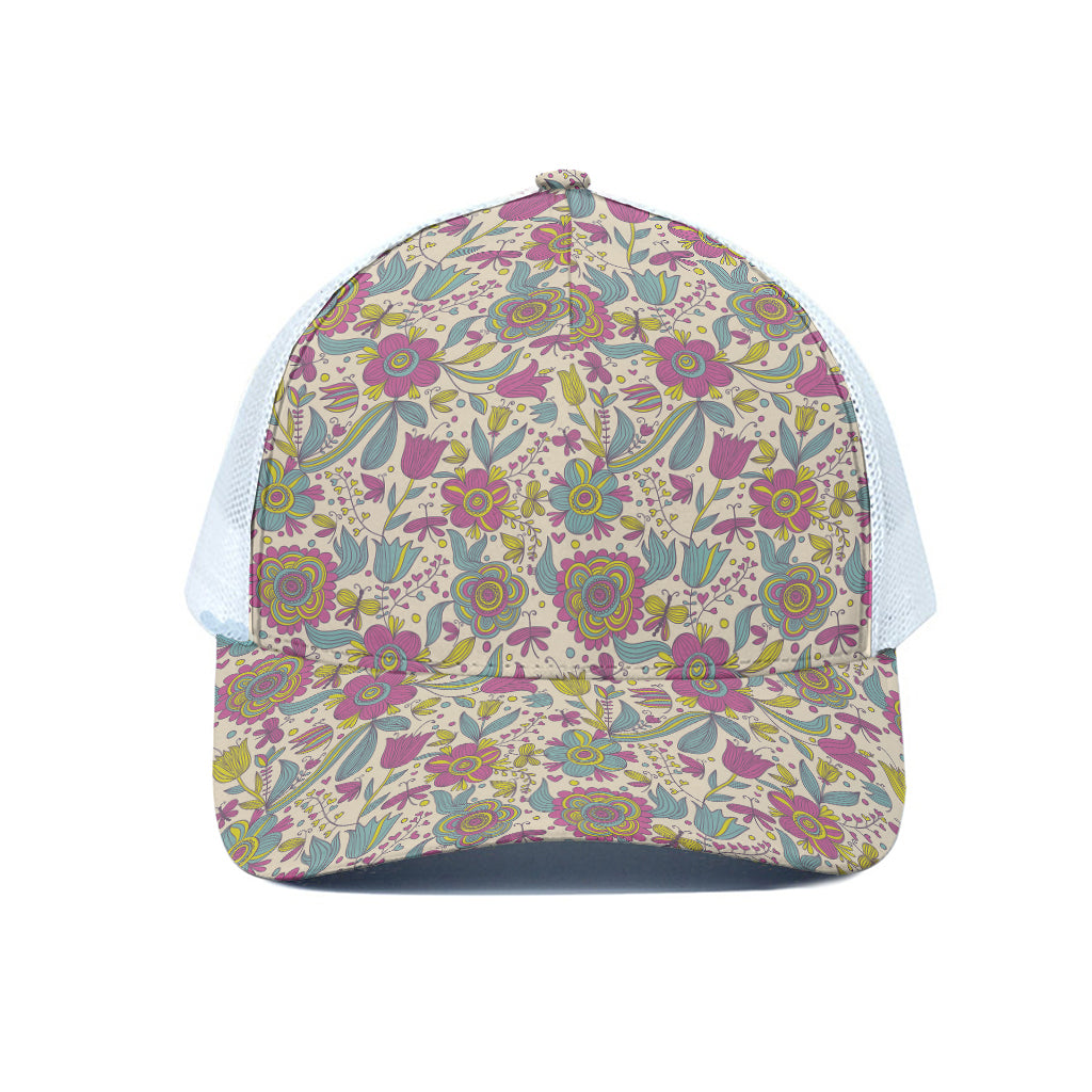 Vintage Girly Floral Print White Mesh Trucker Cap