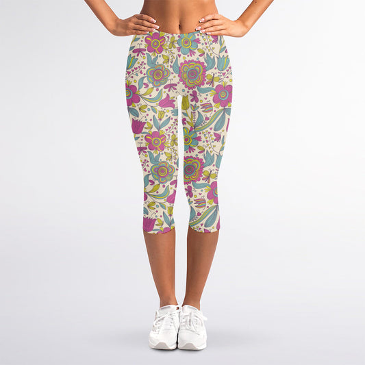 Vintage Girly Floral Print Women's Capri Leggings