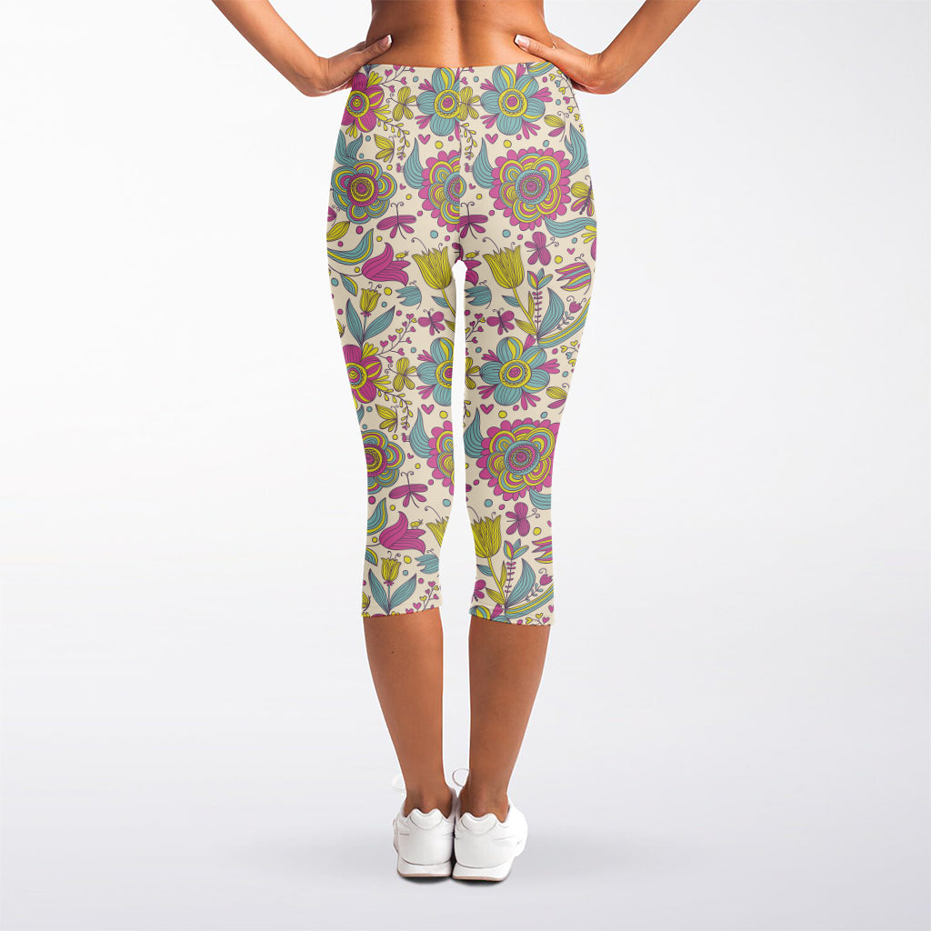 Vintage Girly Floral Print Women's Capri Leggings