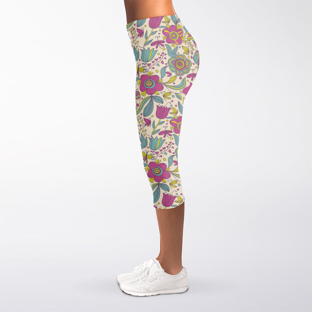 Vintage Girly Floral Print Women's Capri Leggings