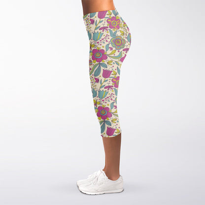 Vintage Girly Floral Print Women's Capri Leggings