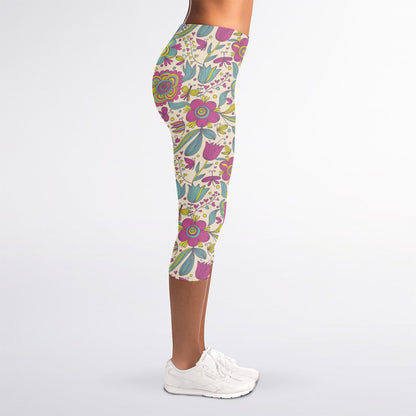 Vintage Girly Floral Print Women's Capri Leggings