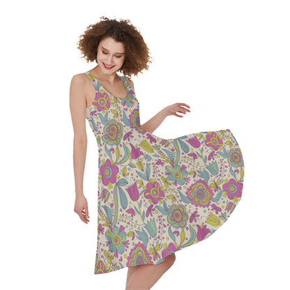 Vintage Girly Floral Print Women's Sleeveless Dress