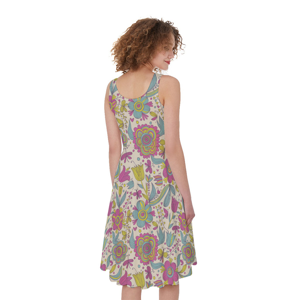 Vintage Girly Floral Print Women's Sleeveless Dress