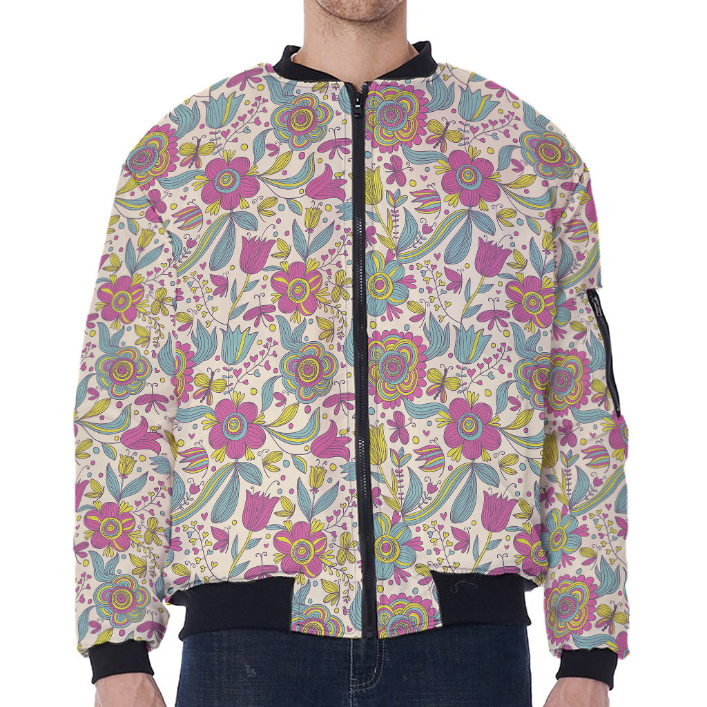 Vintage Girly Floral Print Zip Sleeve Bomber Jacket