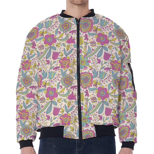 Vintage Girly Floral Print Zip Sleeve Bomber Jacket