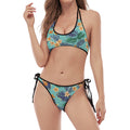 Vintage Hawaiian Aloha Pattern Print Halter Scoop Tie Side Bikini