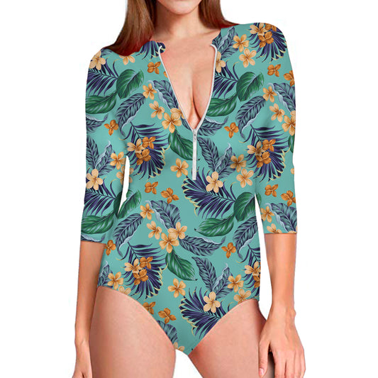 Vintage Hawaiian Aloha Pattern Print Long Sleeve Swimsuit
